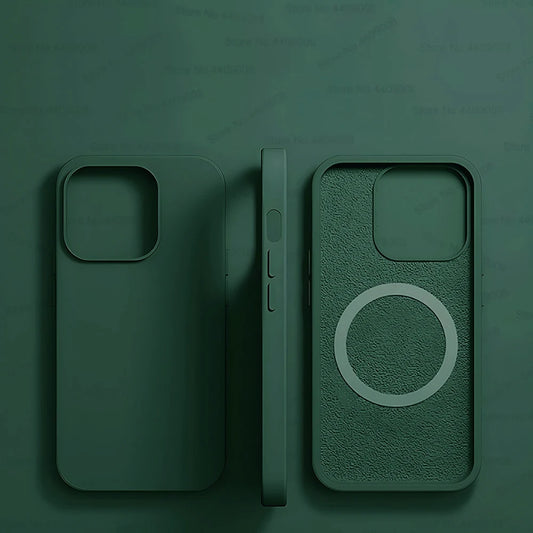 Dark Green Liquid Silicone Magnetic Case – Shockproof Wireless Charging Cover for iPhone 11 to 16 Series