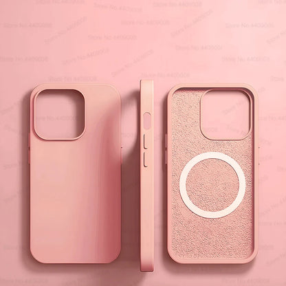 Pink Liquid Silicone Magnetic Case – Shockproof Wireless Charging Cover for iPhone 11 to 16 Series