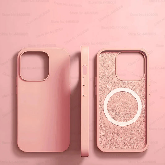 Pink Liquid Silicone Magnetic Case – Shockproof Wireless Charging Cover for iPhone 11 to 16 Series