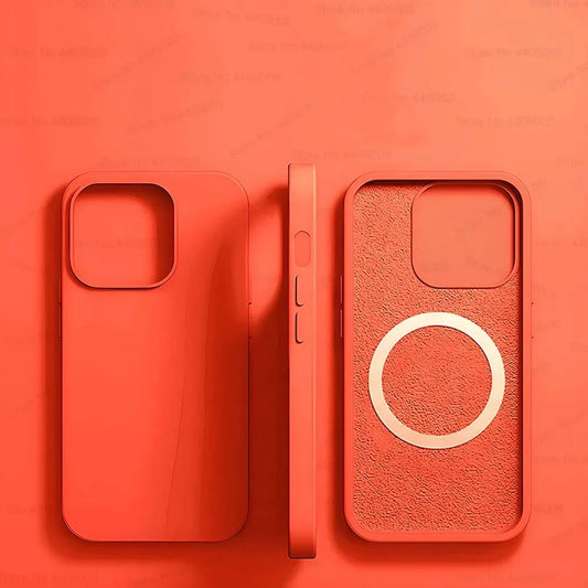 Pink Orange Liquid Silicone Magnetic Case – Shockproof Wireless Charging Cover for iPhone 11 to 16 Series