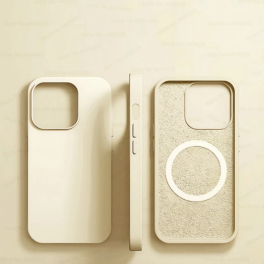 Beige Liquid Silicone Magnetic Case – Shockproof Wireless Charging Cover for iPhone 11 to 16 Series