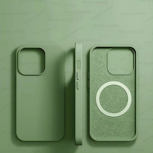 Green Liquid Silicone Magnetic Case – Shockproof Wireless Charging Cover for iPhone 11 to 16 Series