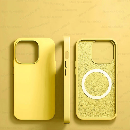 Yellow Liquid Silicone Magnetic Case – Shockproof Wireless Charging Cover for iPhone 11 to 16 Series
