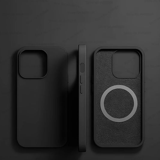 Black Liquid Silicone Magnetic Case – Shockproof Wireless Charging Cover for iPhone 11 to 16 Series