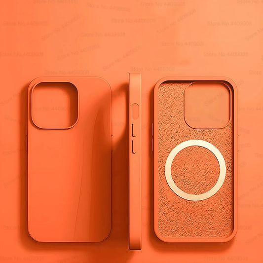 Orange Liquid Silicone Magnetic Case – Shockproof Wireless Charging Cover for iPhone 11 to 16 Series